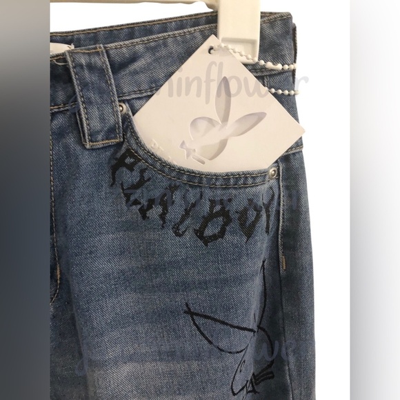 Playboy blue sinner lover‎ butterfly rose playboy bunny embroidered jeans size 7 - Picture 8 of 16